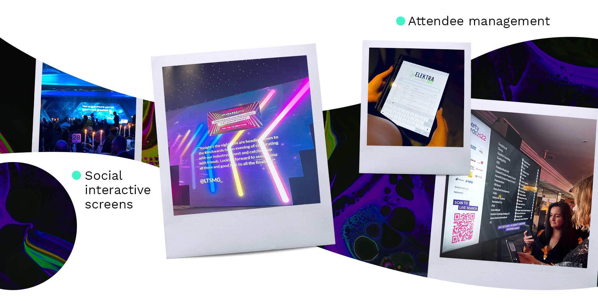 Event screens for attendee management and social interactions